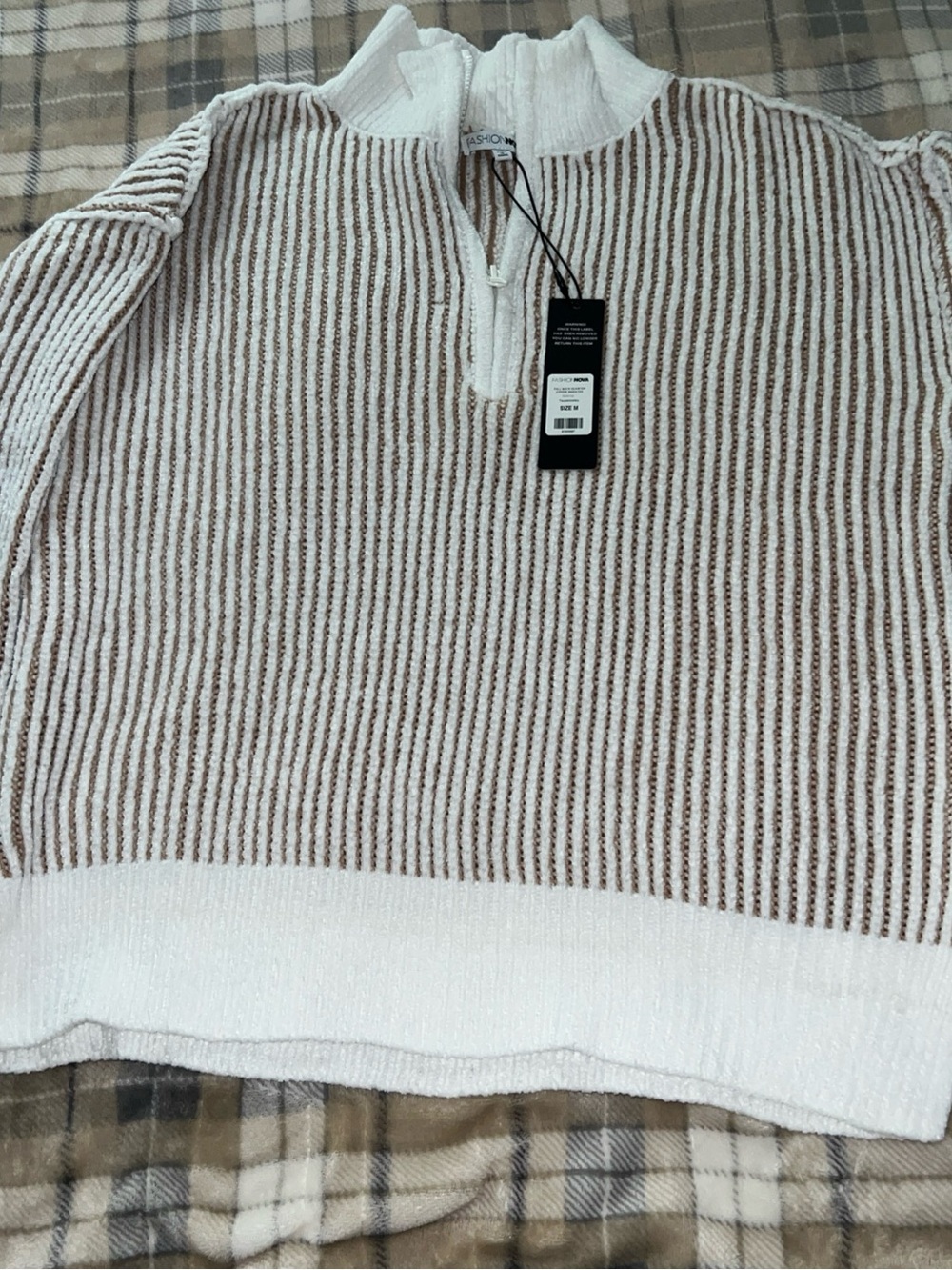 Fashion Nova taupe Striped Zip-Neck Sweater medium long sleeve